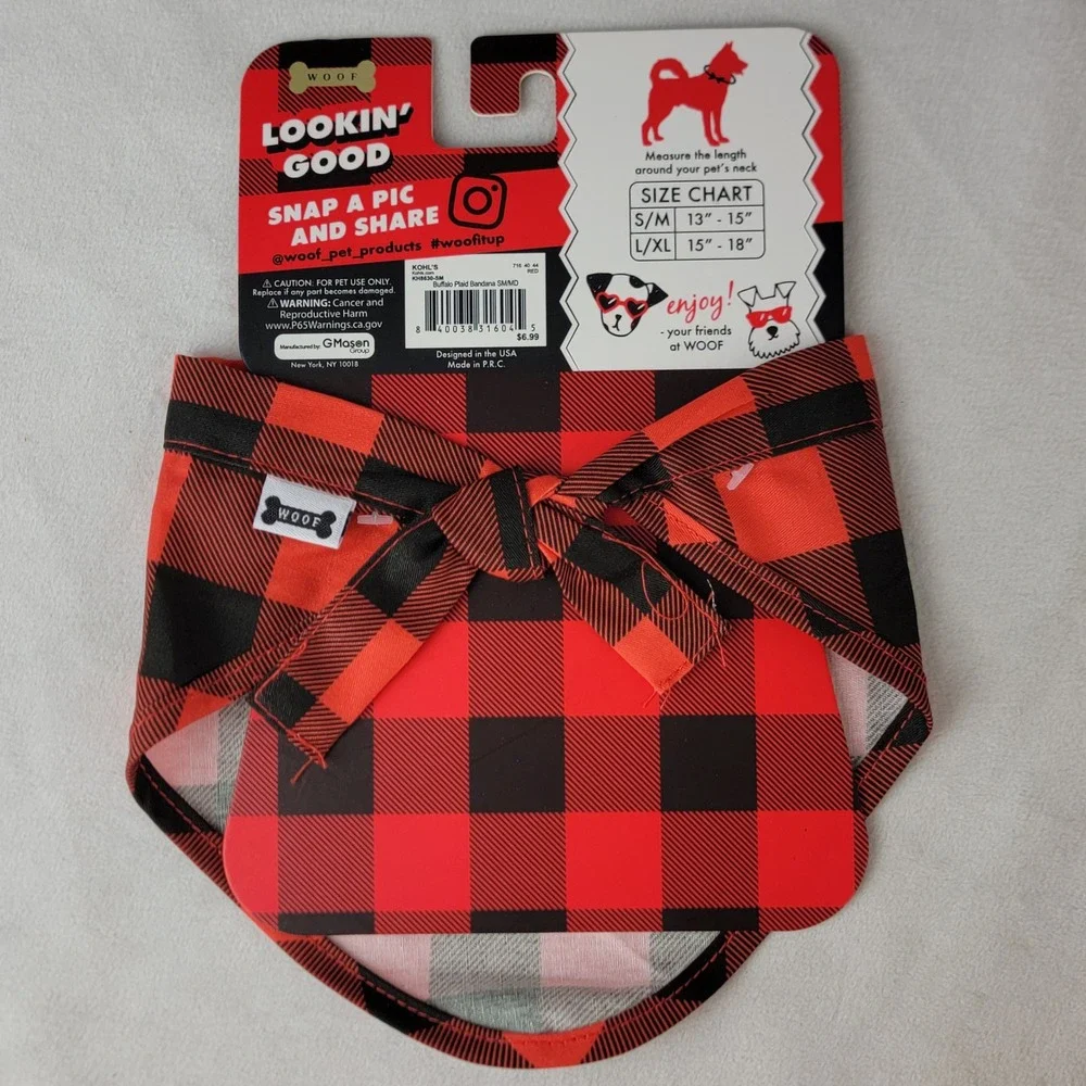 WOOF Pet Bandana Red Black Buffalo Plaid Paw Print Dog Cat S/M Chritmas Holiday